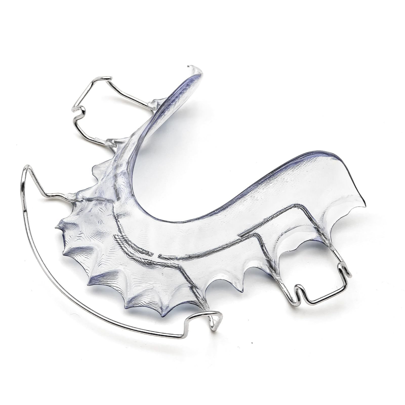 Clear orthodontic retainer with metal wire